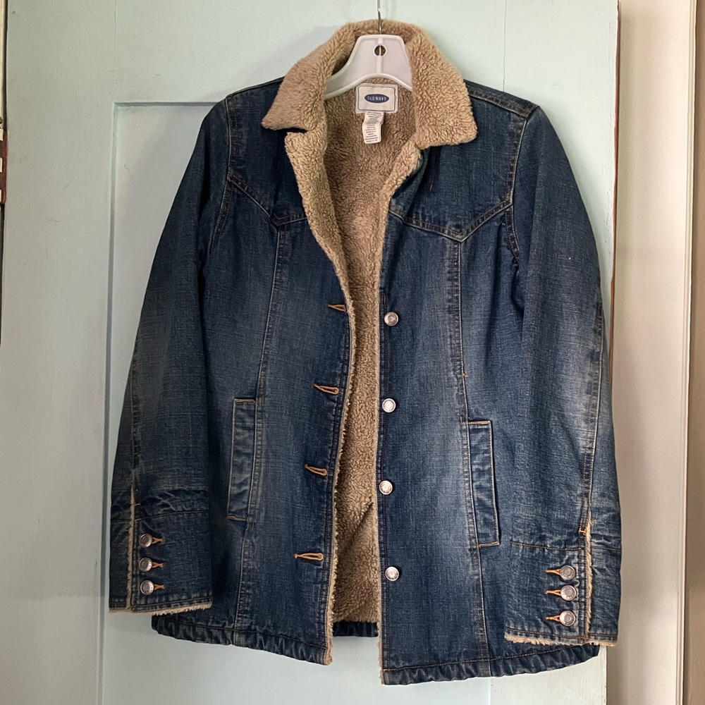 Old Navy Blue Denim Sherpa-Lined Jacket with Cream Lining